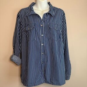 NOTATIONS Blue and White Striped Button-Up Shirt